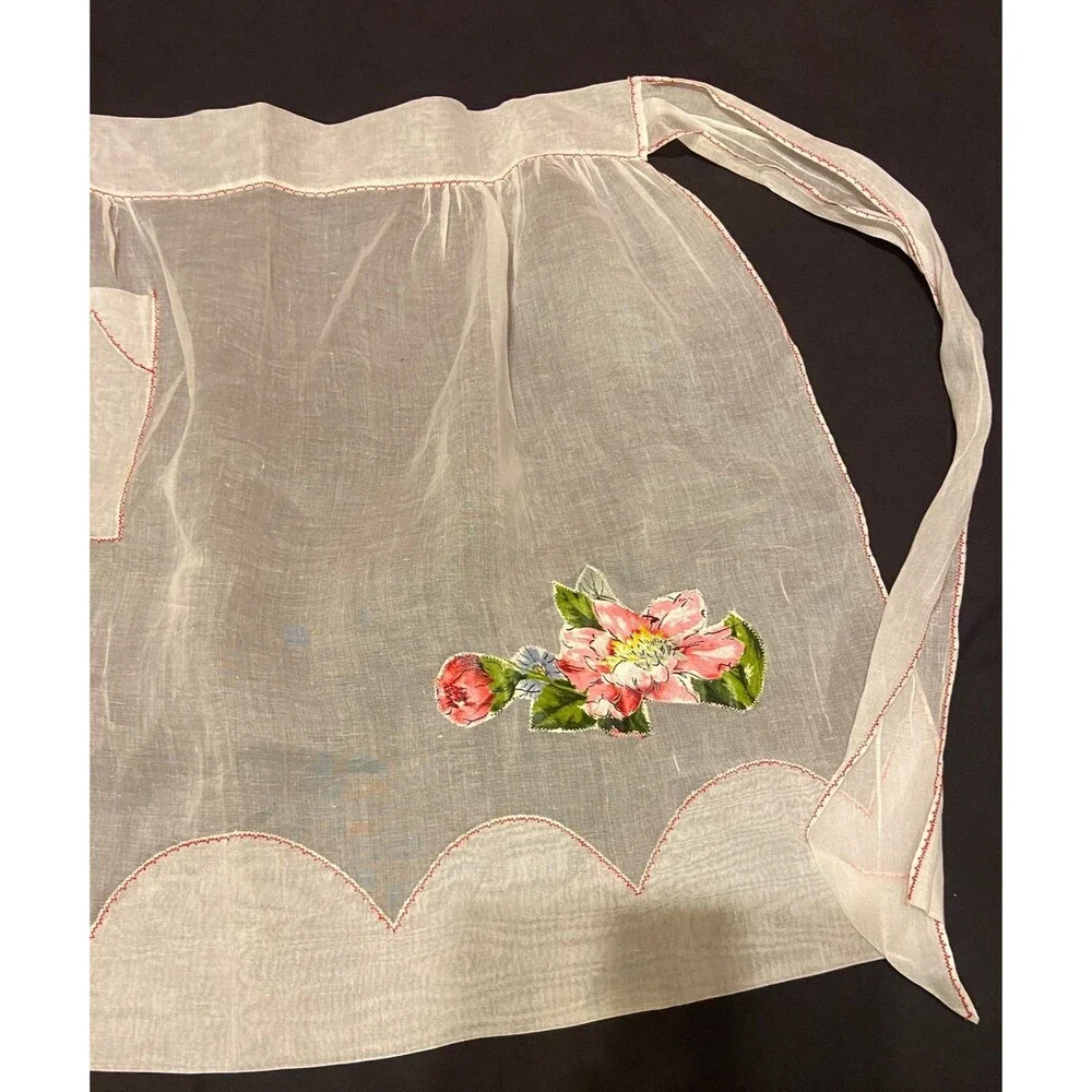 #5728 Womens  Sheer White Sewn on Floral patches Half Hostess Apron with Pockets